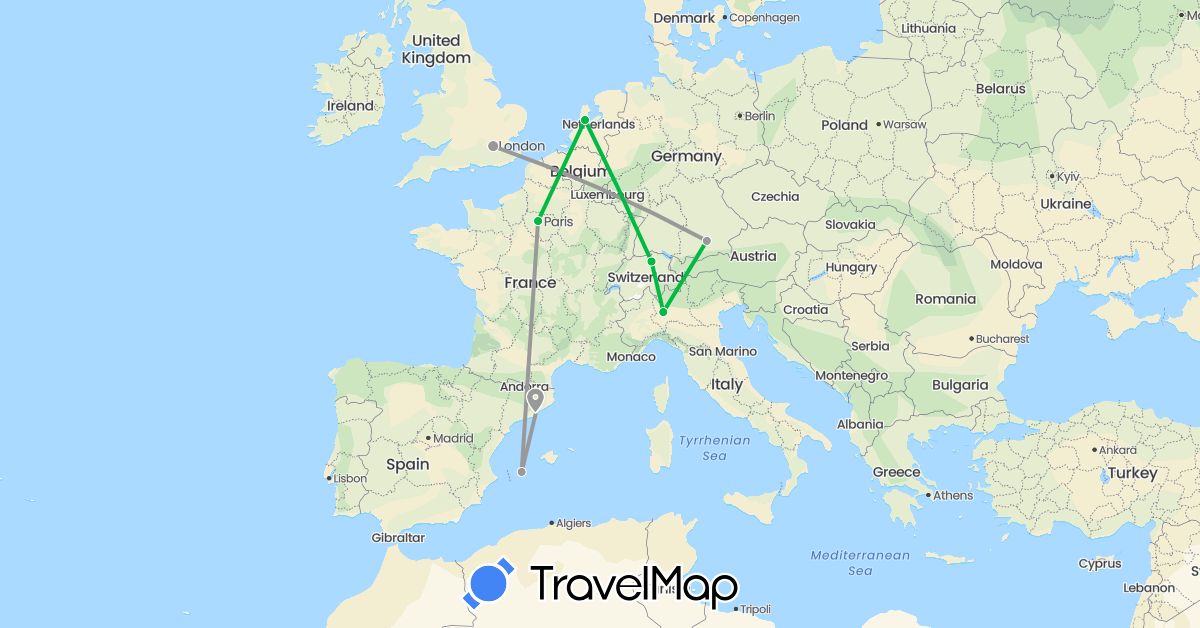 TravelMap itinerary: driving, bus, plane in Switzerland, Germany, Spain, France, United Kingdom, Italy, Netherlands (Europe)